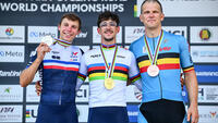 Picture by Olly Hassell/SWpix.com - 05/09/2026 - Cycling - 2026 UCI Para-cycling Road World Championships - Huntsville, Alabama, United States of America - Men C2 Individual Time Trial (ITT) podium - Alexandre Leaute (France) wins the Gold Medal to become World Champion and Men C2 Individual Time Trial (ITT) - Arthur Bauchet (France) receiving the Silver Medal and Ewoud Vromant (Belgium) receiving the Bronze Medal